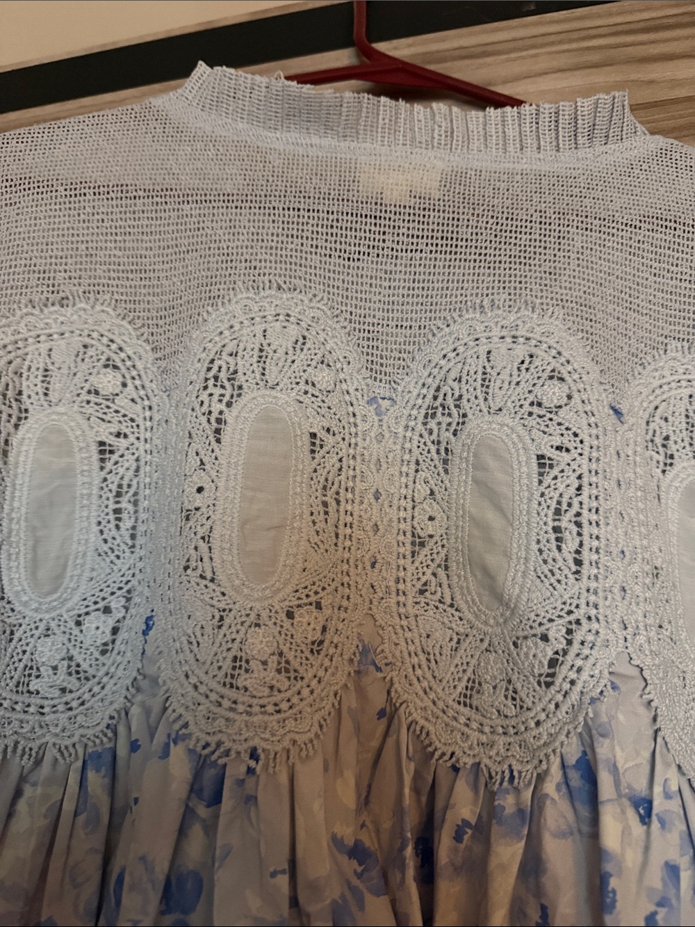 Anthropologie Light Blue Crochet Yoke Floral Babydoll Top - Picture 4 of 7